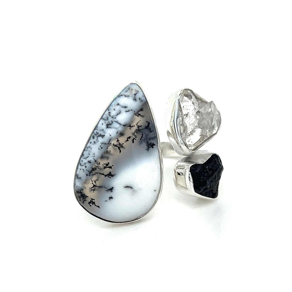 Dendritic Agate Tourmaline Herkimer Ring